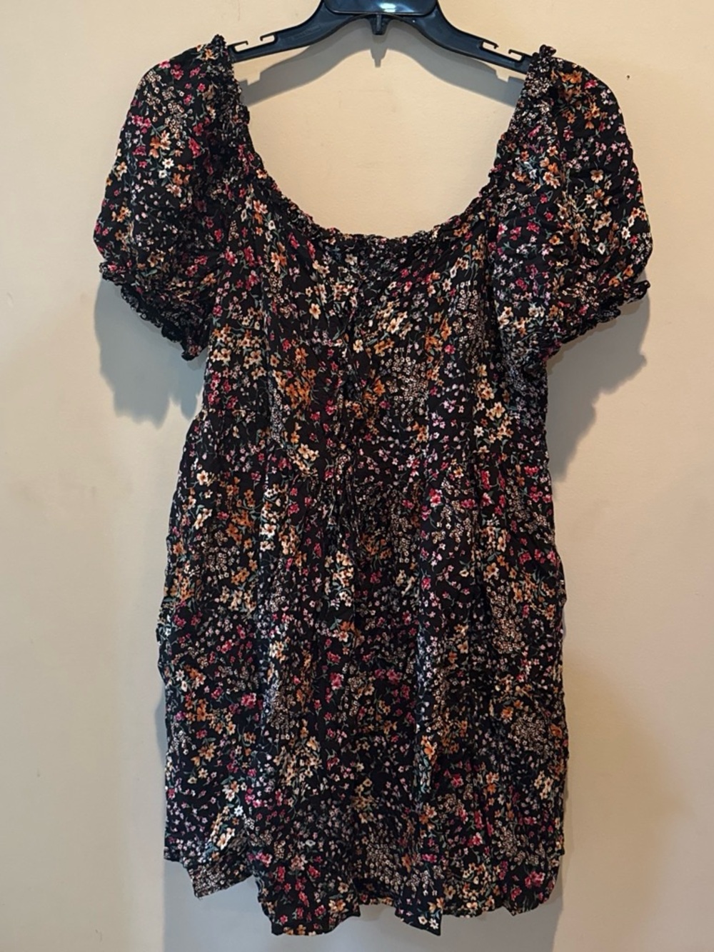 Smocked Square Neck Floral Peasant Top - Black Multi